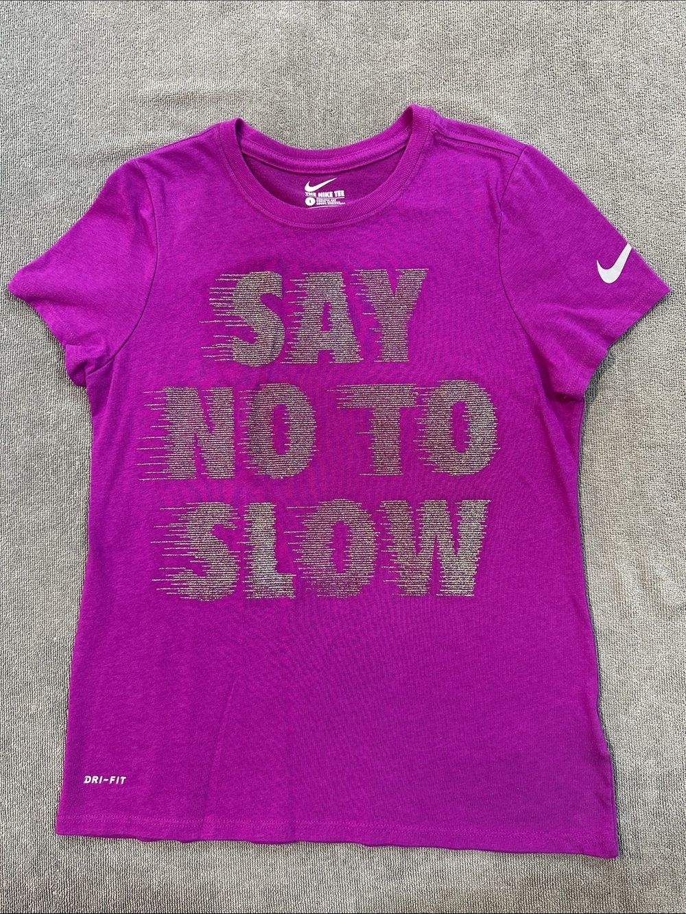 Nike Girls Purple 'SAY NO TO SLOW' Short Sleeve Tee - Size Large